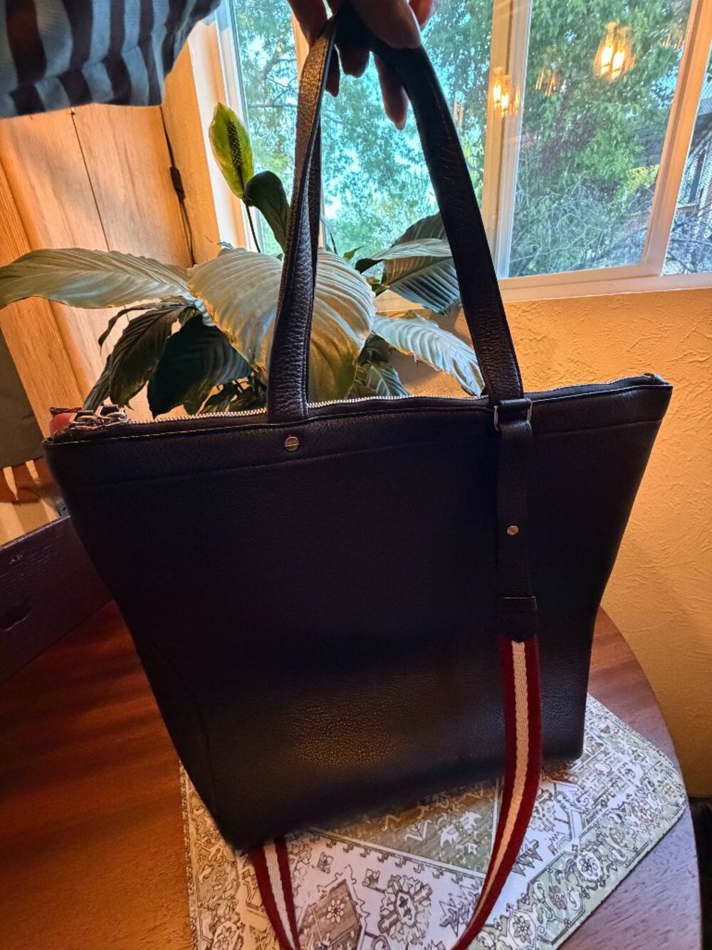 Bally Black Pebbled Leather Tote w/ Signature Stripe Strap | Work Bag